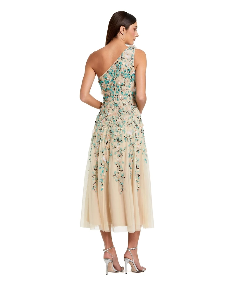 Mac Duggal Women's Floral Embellished Mesh One Shoulder Midi Dress