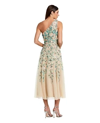 Mac Duggal Women's Floral Embellished Mesh One Shoulder Midi Dress