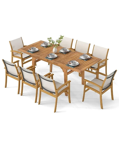 Costway 9Pieces Acacia Wood Outdoor Dining Set with 1.97" Umbrella Hole for Backyard, Garden
