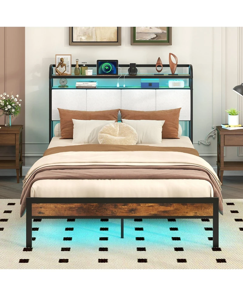 Gymax Full Size Bed Frame Led Light and Charging Station Heavy Duty Metal Platform Bed