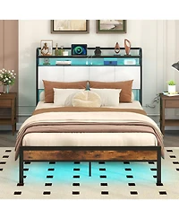 Gymax Full Size Bed Frame Led Light and Charging Station Heavy Duty Metal Platform Bed