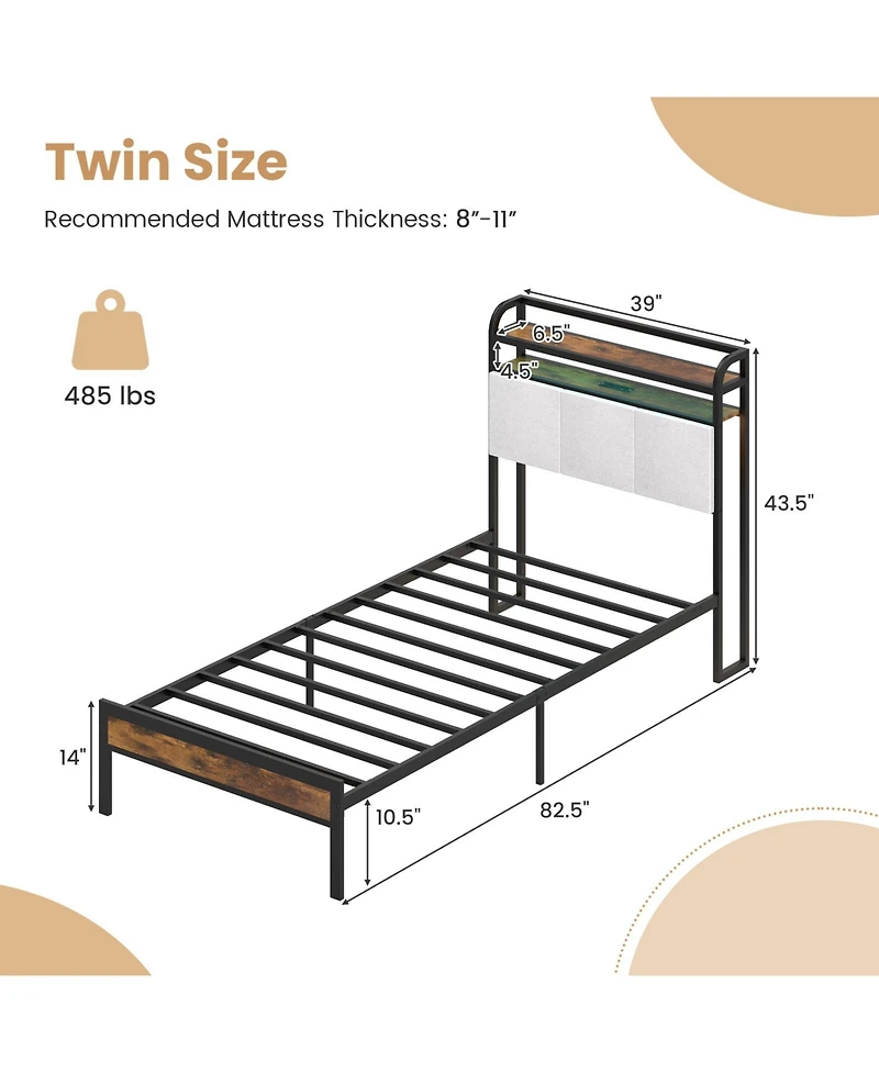 Gymax Twin Size Bed Frame Led Light and Charging Station Heavy Duty Metal Platform Bed