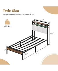 Gymax Twin Size Bed Frame Led Light and Charging Station Heavy Duty Metal Platform Bed