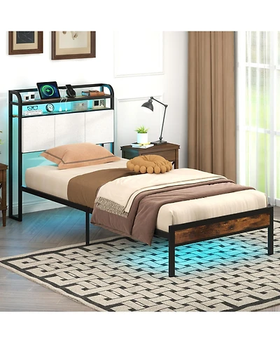 Gymax Twin Size Bed Frame Led Light and Charging Station Heavy Duty Metal Platform Bed