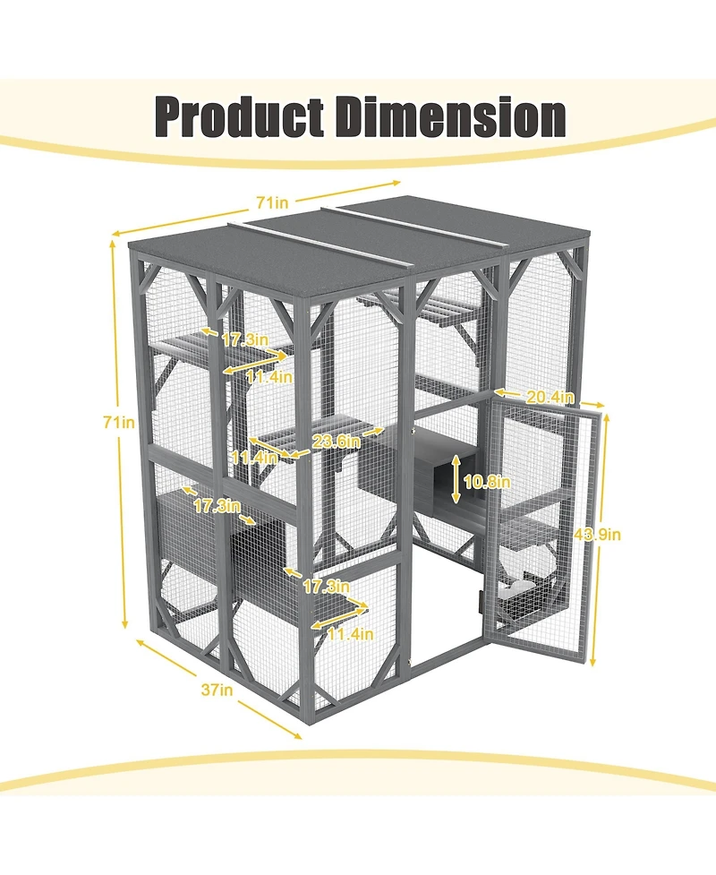 Zeus & Ruta Outdoor Cat Enclosure with 71 Inch Large Size 3 Tier Design 6 Platforms Waterproof Roof