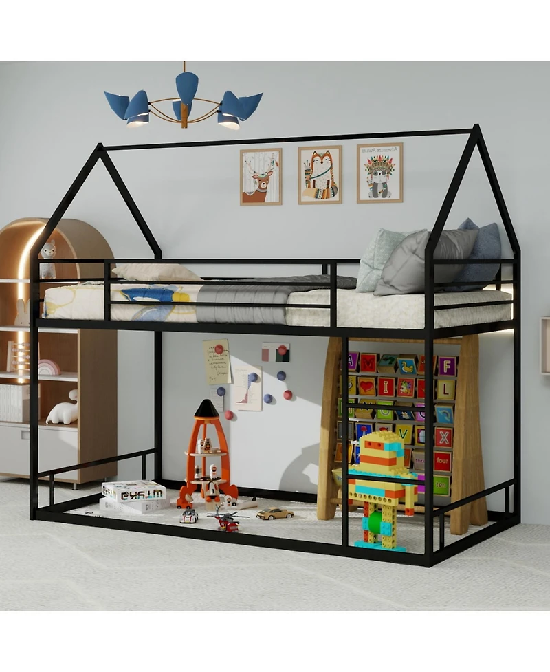 Rainsken Metal Bunk Bed for Kids Twin Over Twin, House Shaped, with Ladder and Full-Length Guardrail, Noise Free, No Spring Box Required
