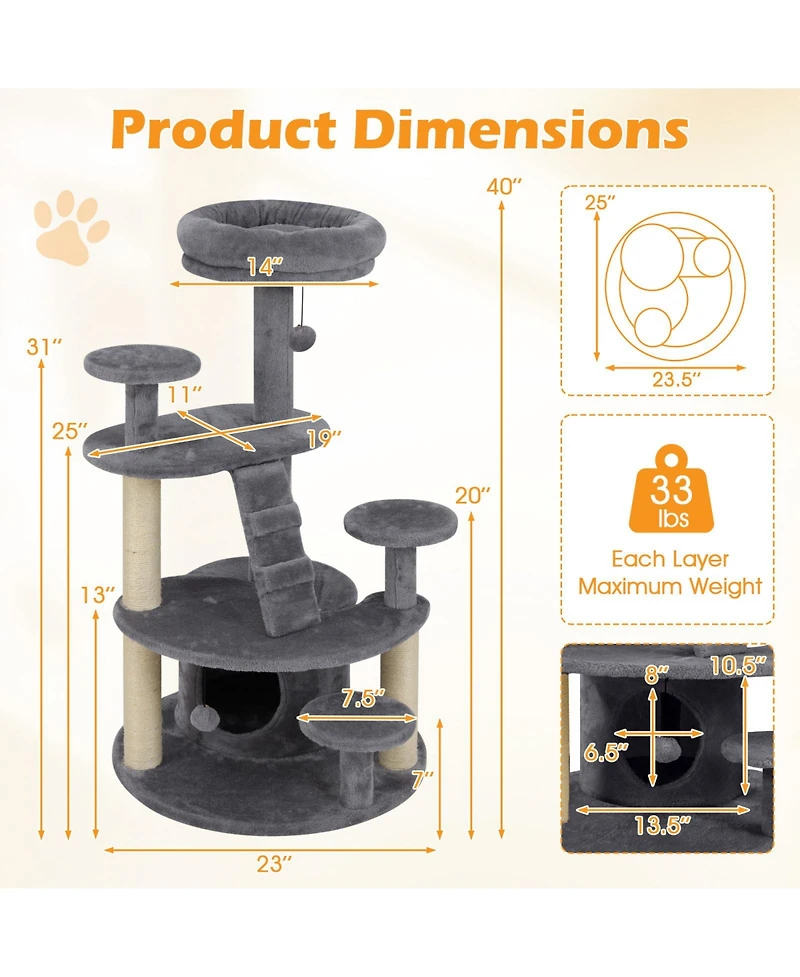 Gymax Cat Tree for Adult Cats Multi-level Kitty Tower With Condo Padded Perch Scratching Posts Plush Dangling Ball Jumping Platforms
