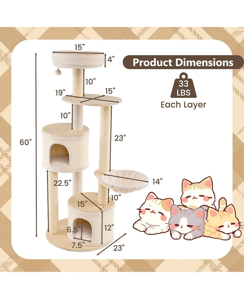 Gymax 60'' Tall Cat Tree Wooden Kitten Tower With Sisal Scratching Posts and Mat 2 Condos Perch Hammock