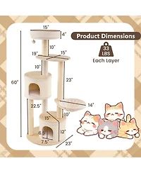 Gymax 60'' Tall Cat Tree Wooden Kitten Tower With Sisal Scratching Posts and Mat 2 Condos Perch Hammock