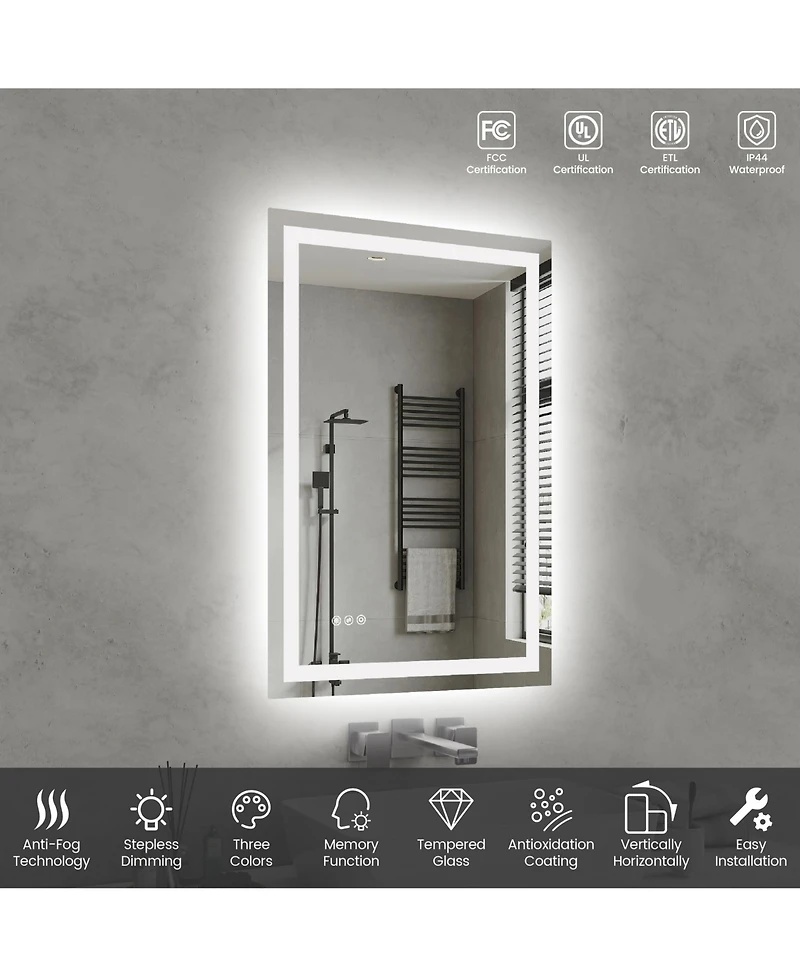 Rainsken 24"36" Led Bathroom Mirror, Anti-fog Vanity Mirror with Front-Lit and Back-Lit, Stepless Dimmable, Shatter-Proof Make Up Mirror