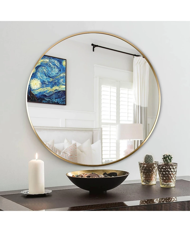 Rainsken Round Bathroom Mirror, 24 Inch Wall Mounted Shatterproof Hd Glass Mirror with Metal Frame for Bathroom