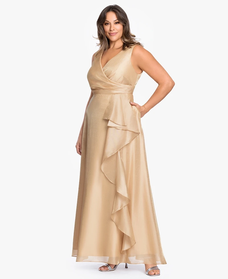 Xscape Plus V-Neck Jacquard Ruffle Gown