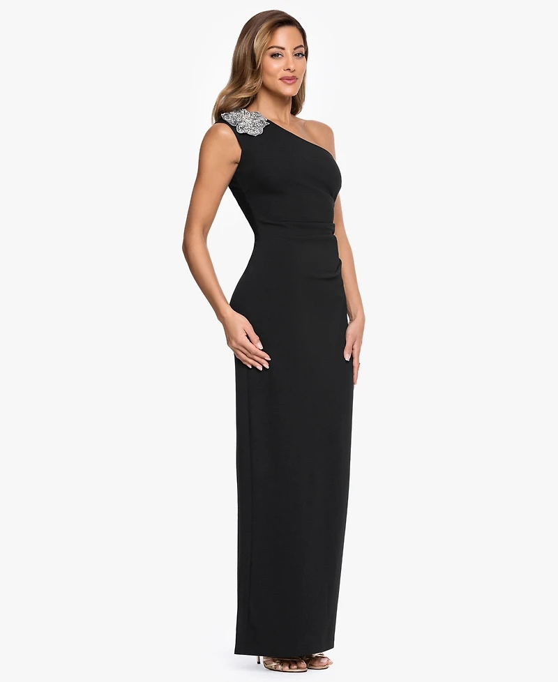 Xscape Petite One-Shoulder Scuba Crop Trim Sheath Gown