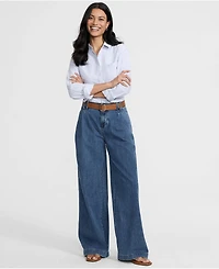 Lands' End Women's Lightweight Denim Mid Rise Pleated Slouchy Jeans
