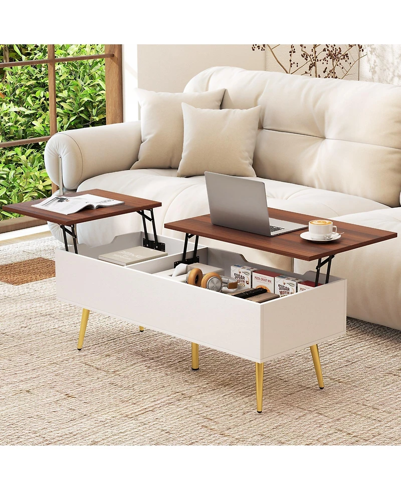 Gymax Lift Top Coffee Table w/ Split Top and 2 Hidden Compartments Tapered Metal Legs