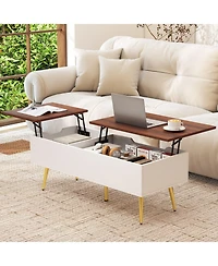 Gymax Lift Top Coffee Table w/ Split Top and 2 Hidden Compartments Tapered Metal Legs