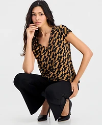 Anne Klein Essentials Petite Pleat Neck Keyhole Printed Blouse