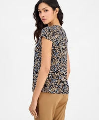 Anne Klein Essentials Printed Pleated-Neck Cap-Sleeve Top
