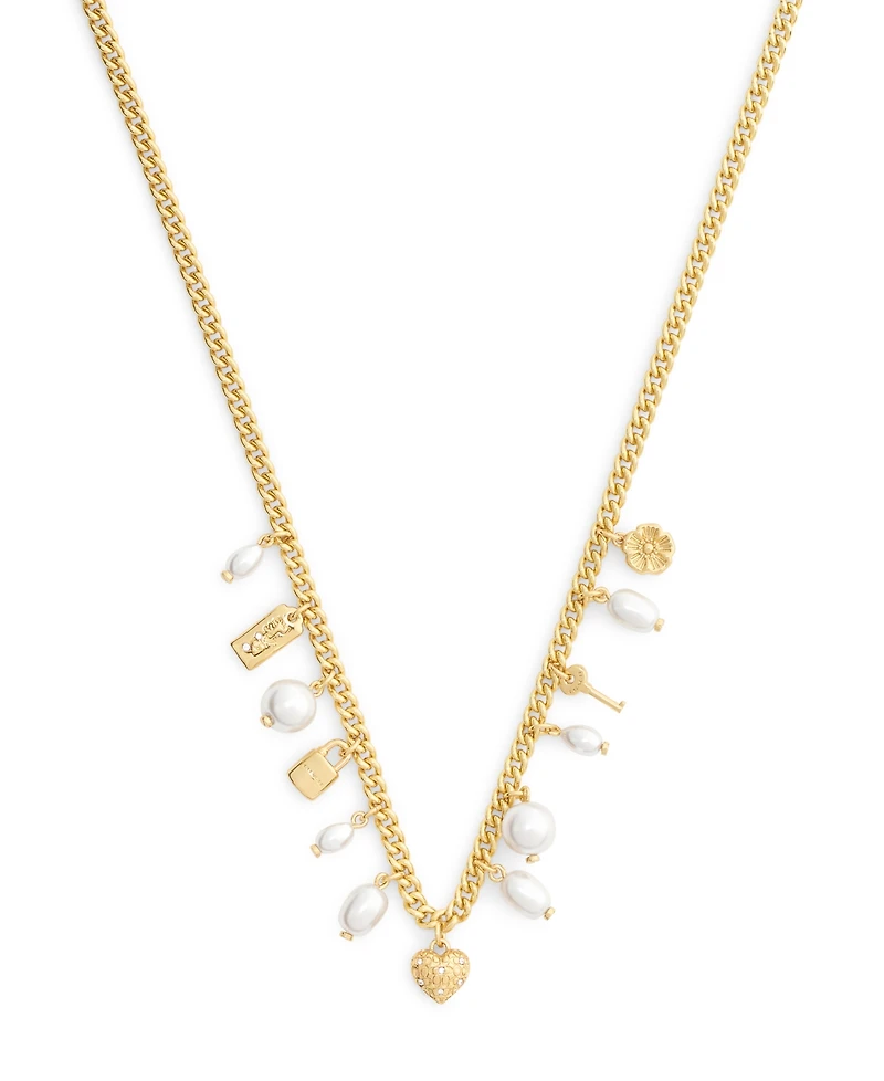 Coach Faux Imitation Pearl Iconic Signature Charm Bib Necklace
