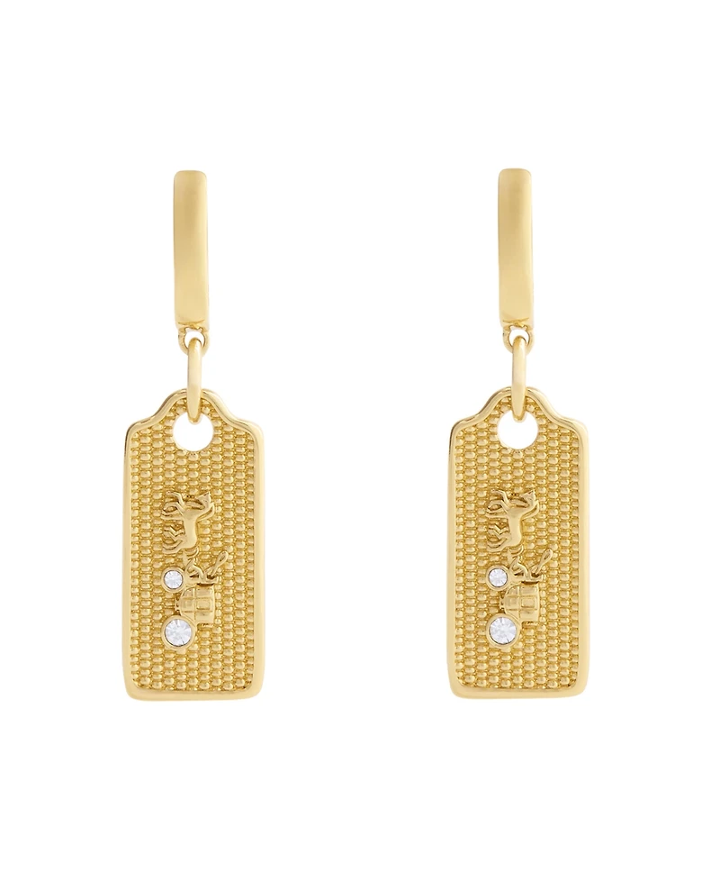 Coach Gold Signature Textured Hangtag Charm Huggie Earrings