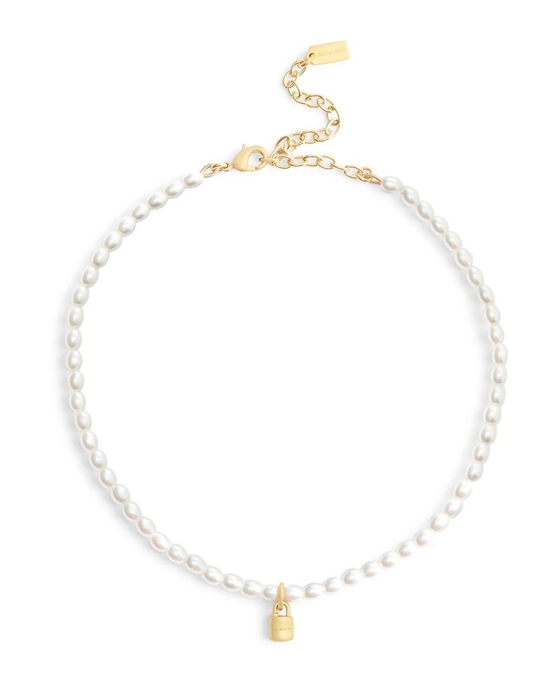 Coach Faux Imitation Pearl Iconic Signature Padlock Choker Necklace