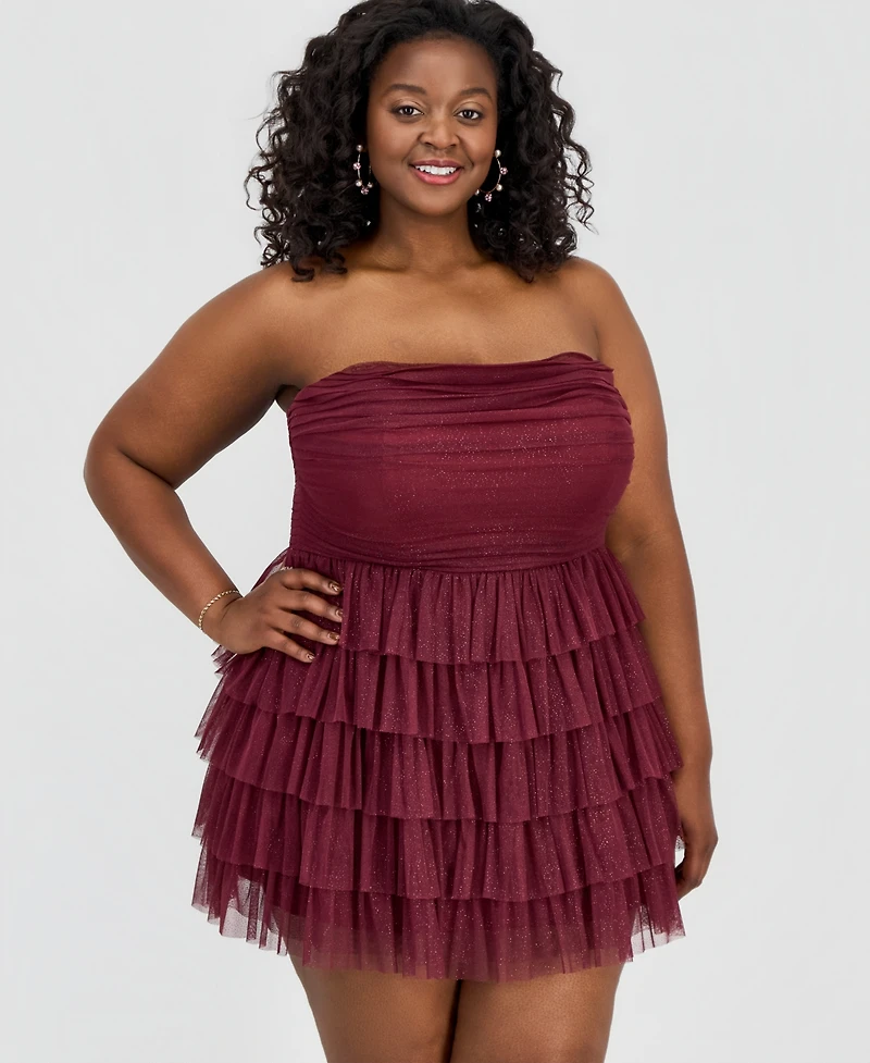 B Darlin Trendy Plus Glitter Ruffled Strapless Dress