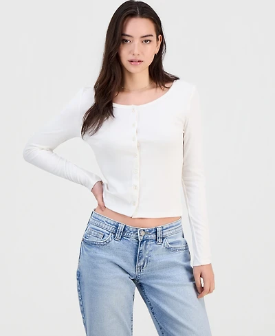 Hippie Rose Juniors' Button-Front Long-Sleeve Top