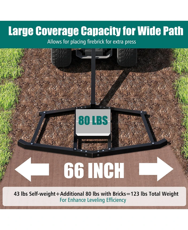 Sugift 66" Wide Driveway Drag Tow Behind Landscape Leveling Rake with Reinforced Bars