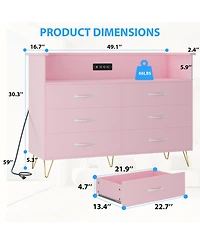 homfan Modern 6-Drawer Dresser with App-Controll Rgb Led Lights and Built-In Charging Station, Water Mark Resistant Mdf Metal Legs, Assembly