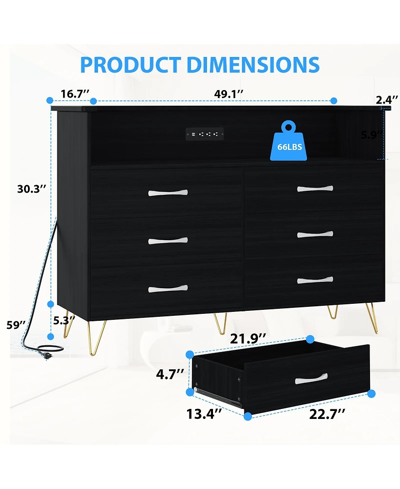 homfan Modern 6-Drawer Dresser with App-Controll Rgb Led Lights and Built-In Charging Station, Water Mark Resistant Mdf Metal Legs, Assembly