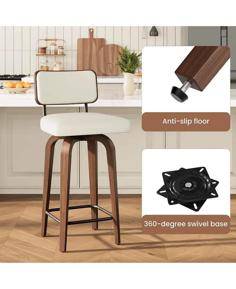homfan Swivel Bar Stools Set of 4, Upholstered Counter Height with Back and Walnut Wood Legs, Mid Century Stools for Kitchen Counter, Faux Leather