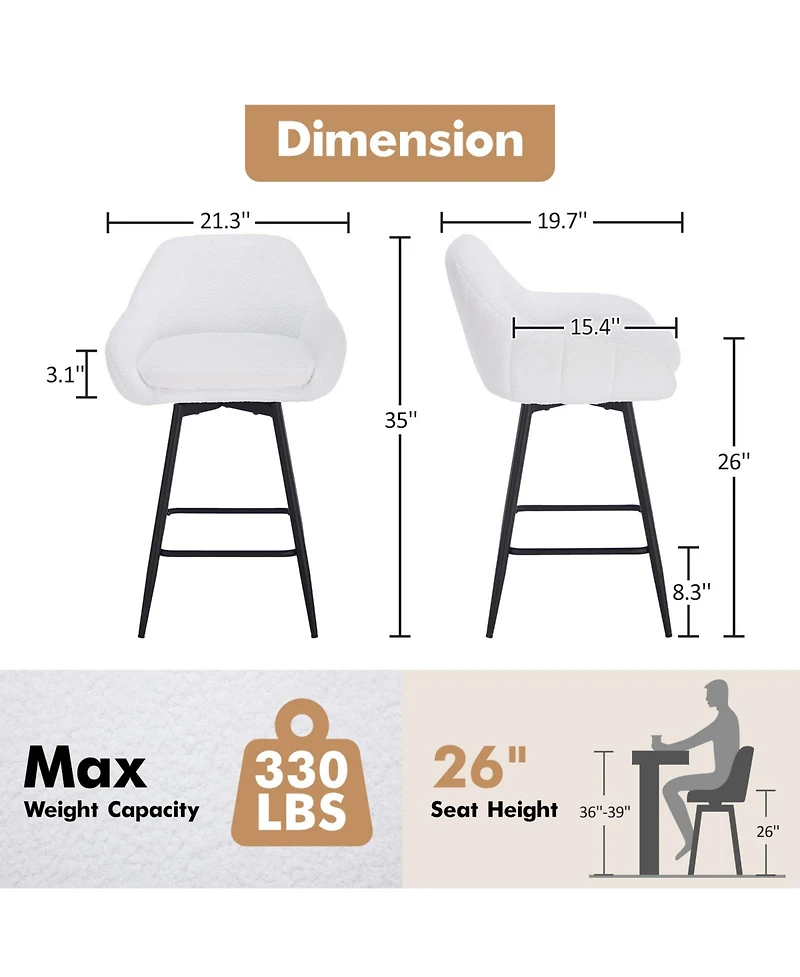 homfan Set of 2 Modern Swivel Bar Stools, Counter Height with Sherpa Fabric Upholstery, Metal Legs and Backrest for Indoor Multi-Scene Use