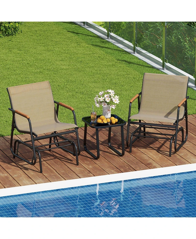 Gymax 3 Piece Outdoor Gliding Set w/ Tempered Glass Coffee Table Teak Wood Armrests