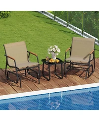 Gymax 3 Piece Outdoor Gliding Set w/ Tempered Glass Coffee Table Teak Wood Armrests