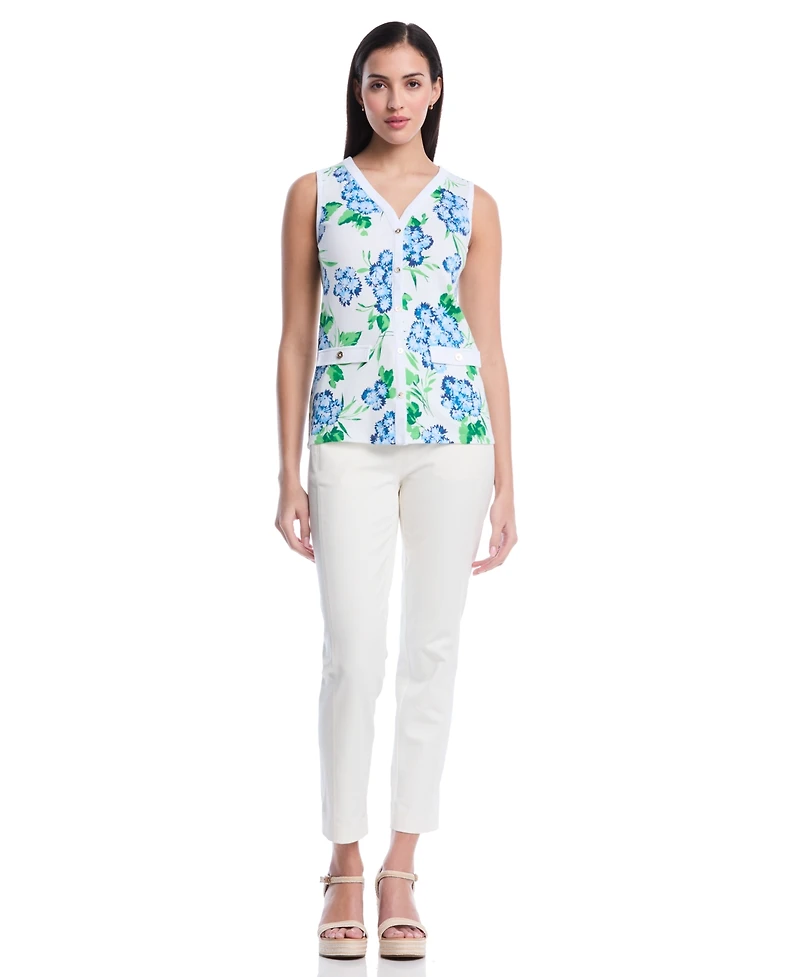 Rafaella Women's Petite Pom Floral Print Button Front Sleeveless Tank Top