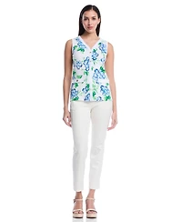 Rafaella Women's Petite Pom Floral Print Button Front Sleeveless Tank Top