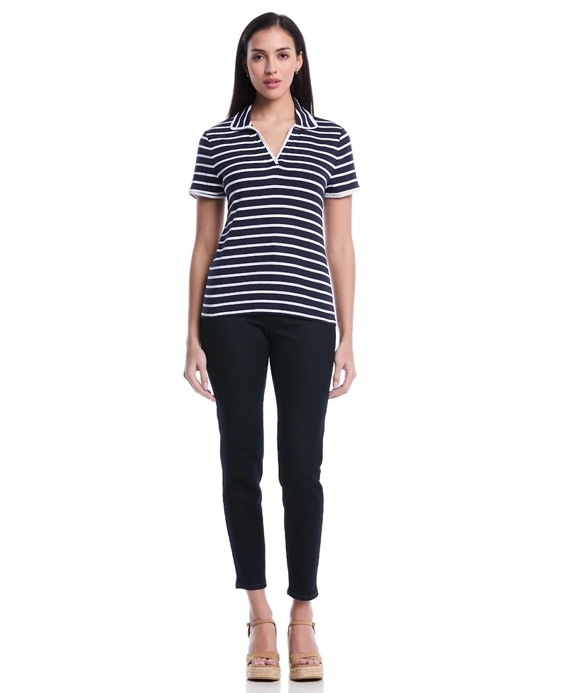 Rafaella Women's Petite Striped Contrast Trim Johnny Collar Short Sleeve Polo Shirt