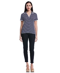 Rafaella Women's Petite Striped Contrast Trim Johnny Collar Short Sleeve Polo Shirt