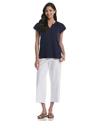 Rafaella Women's Petite Eyelet Flutter Sleeve Split Neck Short Top