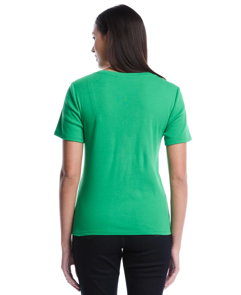 Rafaella Women's Petite Welt Pocket Button Detail Short Sleeve Top