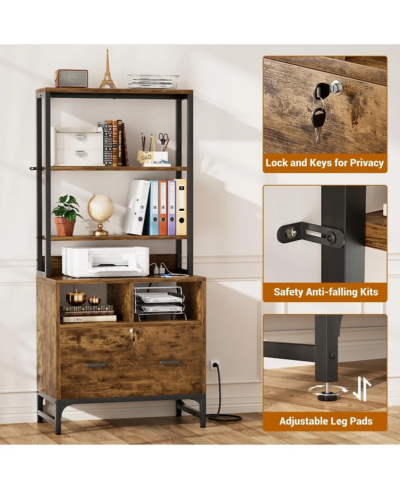Aheaplus Storage File Cabinet with Hutch, Charging Station, Lock Drawers