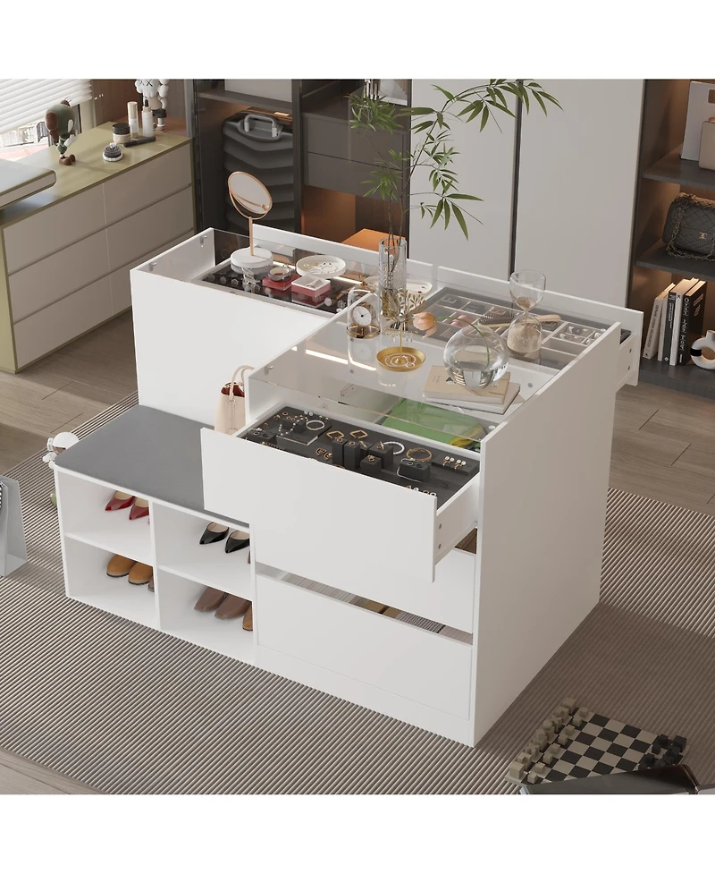 Homsee Modern White Storage Cabinet with Grey Cushion - Tempered Glass Living Room Organizer
