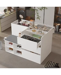 Homsee Modern White Storage Cabinet with Grey Cushion - Tempered Glass Living Room Organizer