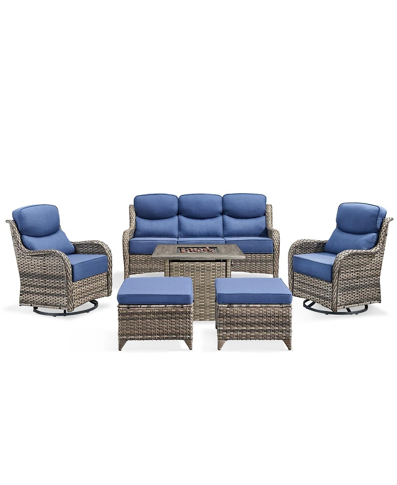 Pocassy Patio Furniture Set with Fire Pit Table, Outdoor Conversation Sets, 6 Pieces 7 Seats Wicker Outside Sectional Sofa