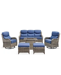 Pocassy Patio Furniture Set with Fire Pit Table, Outdoor Conversation Sets, 6 Pieces 7 Seats Wicker Outside Sectional Sofa