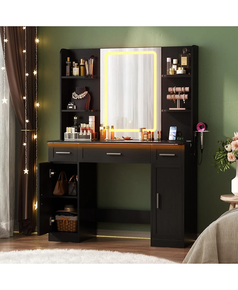Aheaplus Vanity Desk with Mirror, Farmhouse Rgb Lights and 3 Drawers