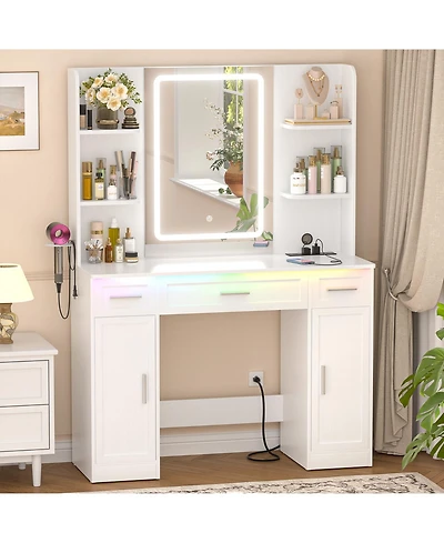 Aheaplus Vanity Desk with Mirror, Farmhouse Rgb Lights and 3 Drawers