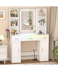 Aheaplus Vanity Desk with Mirror, Farmhouse Rgb Lights and 3 Drawers