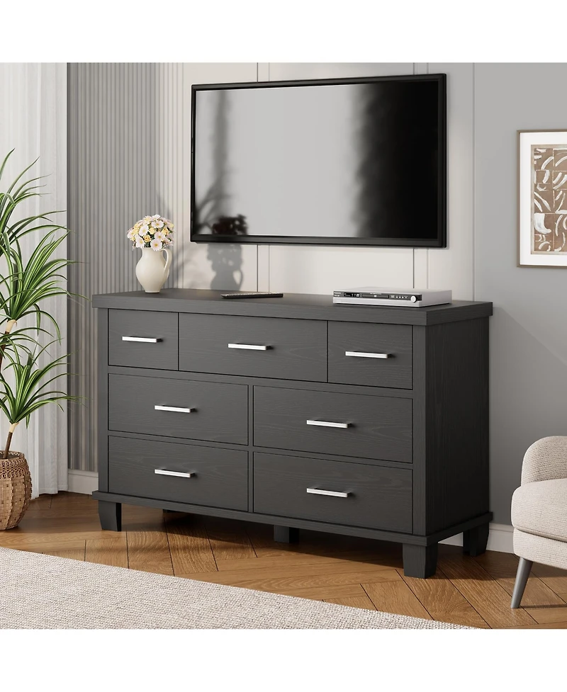 homfan 7 Drawers Modern Wood Dresser, 51" Wide Chest of Closet, Wooden Organizer with Metal Handle, for Bedroom, Living Room
