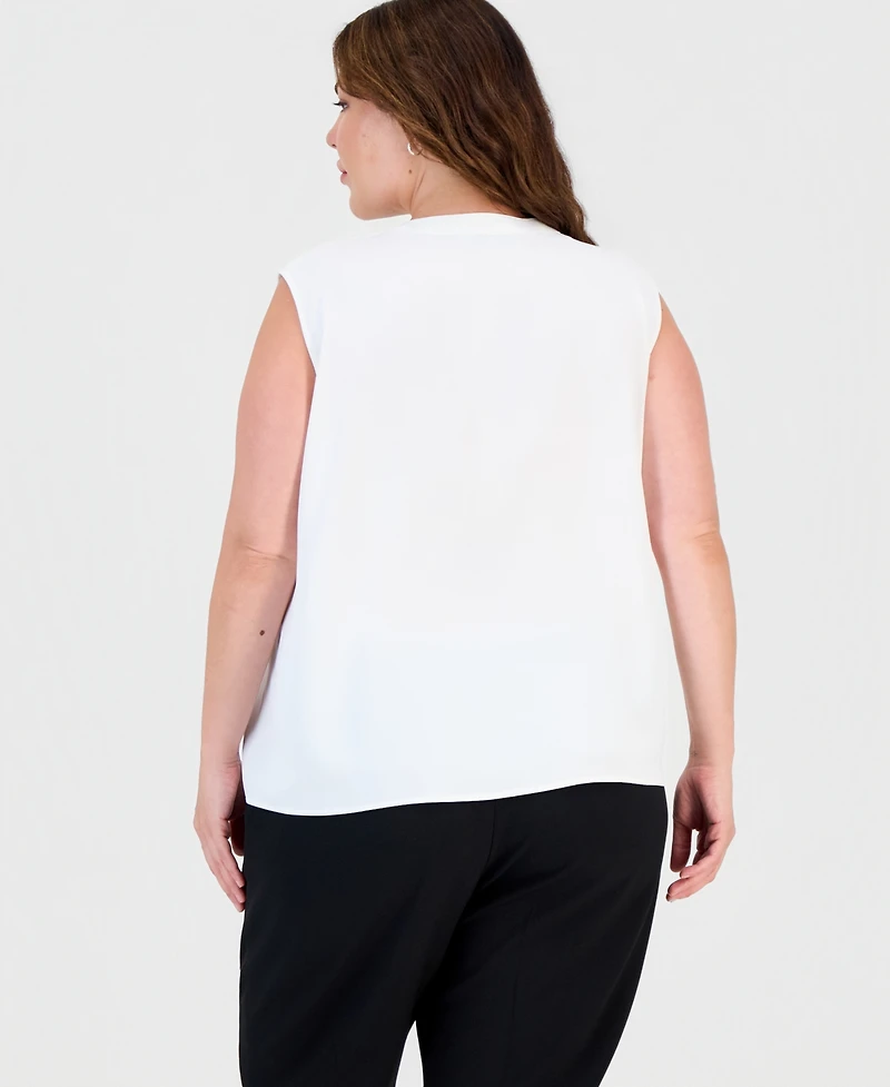 Kasper Plus Ruffle Split-Neck Sleeveless Top